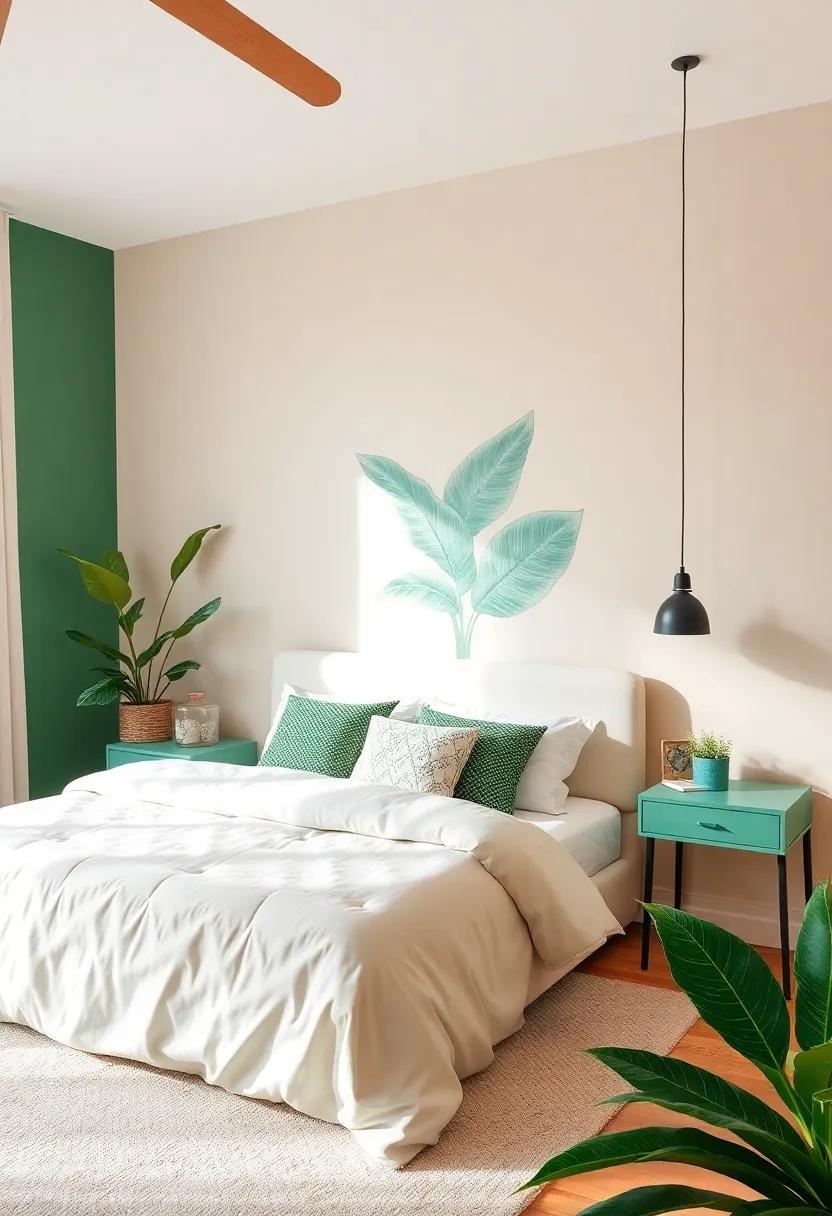 Revitalizing neutrals with Subtle Jungle Green accents for a Serene Sanctuary