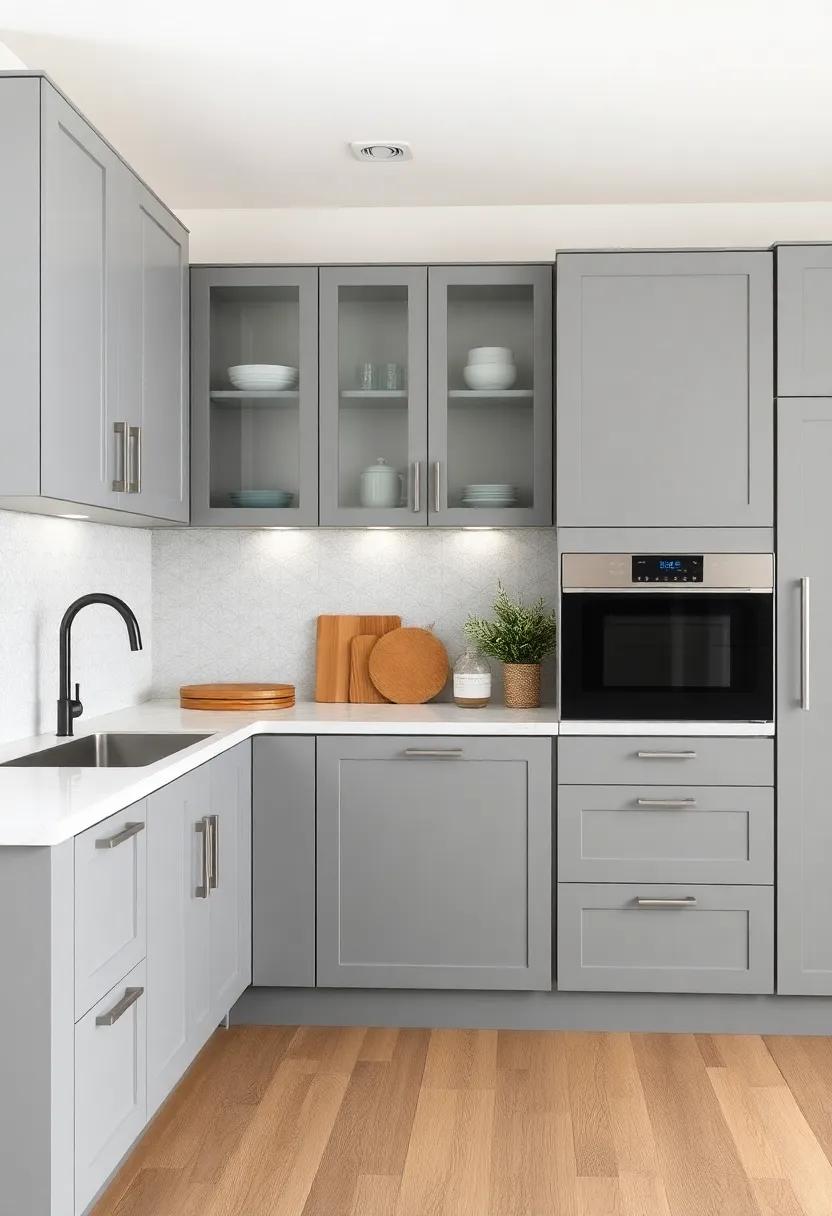 Mixing textures: Pairing Grey Cabinets with Wood,⁣ Glass, and Metal Elements