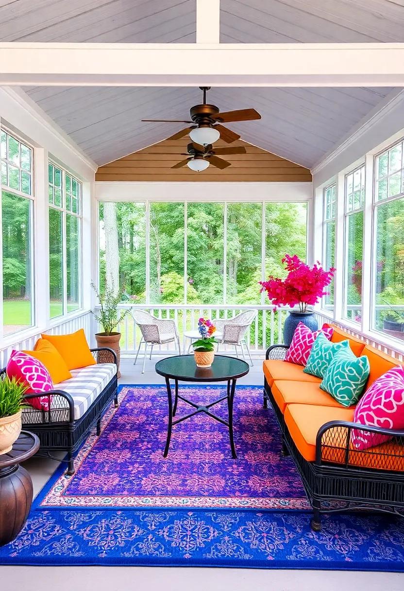 Vibrant Color Pops: use ‍brightly colored throw ⁢pillows and‍ area rugs to​ introduce bursts of‌ color to⁣ your porch, enhancing its overall cheerfulness for socializing and relaxing
