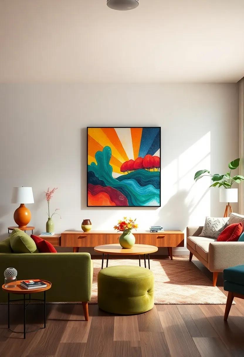 Artistic Display: Showcasing Colorful artwork in ⁤a Mid-Century Setting