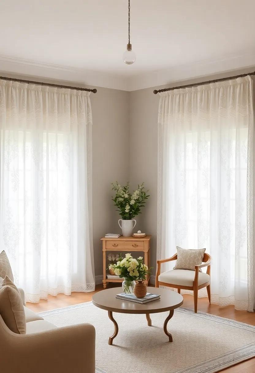 22 Charming Ideas for a French Country Living Room Featuring Elegant Lace Curtains