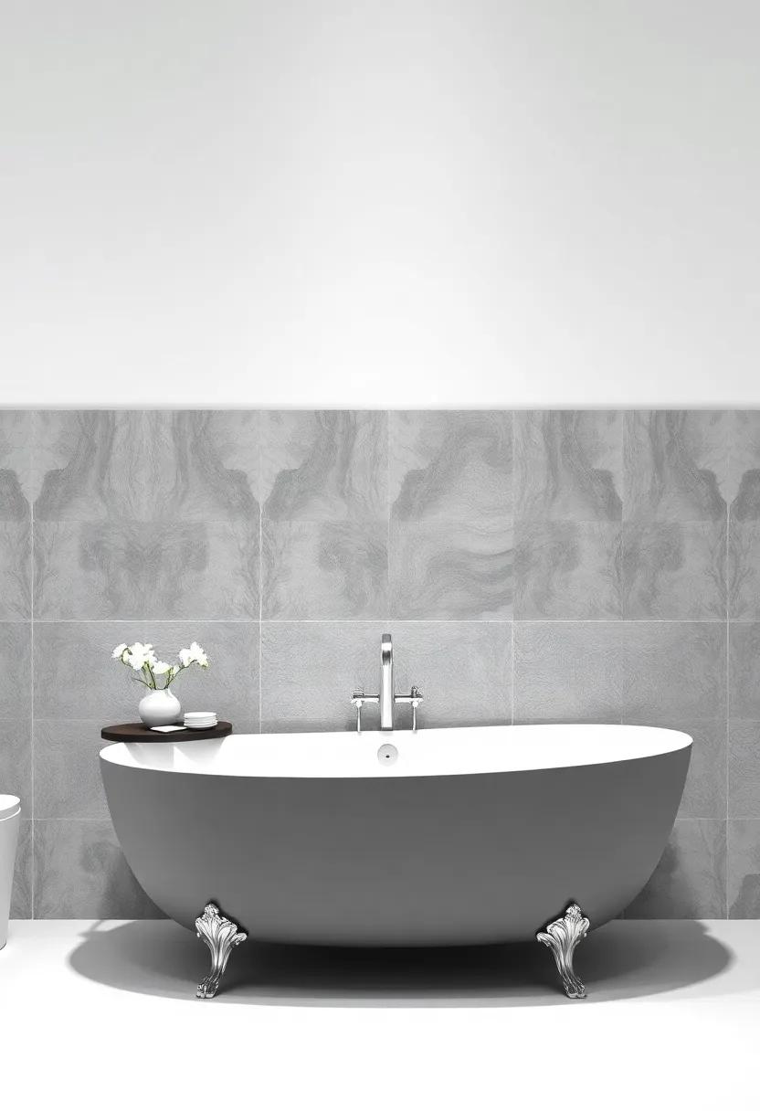 Luxurious Ledges: Elevate your tub with ​a ledge covered in textured ​grey tiles topped with elegant white accents for a luxurious feel