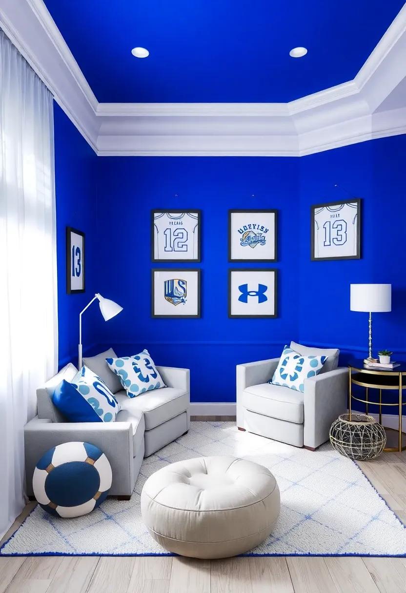 Sports ⁣Mania: Create a sporty haven ​with walls painted in royal blue, ⁣adorned with white sports team logos or framed jerseys, and add ⁢plush seating for friends to hang out