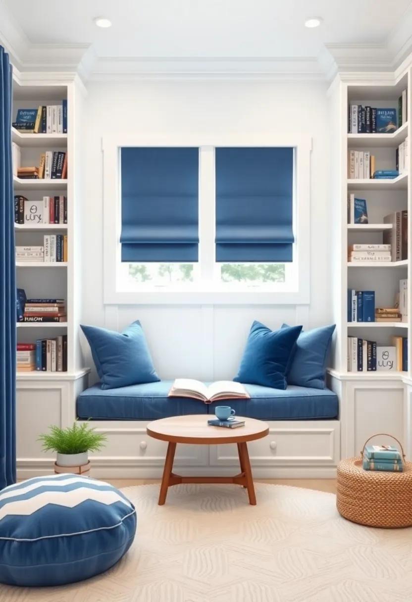 Cozy Reading Nook: Establish a ‍cozy corner‌ with plush blue cushions surrounded by ​white built-in ⁣bookshelves, fostering a‌ love for reading in a charming setting