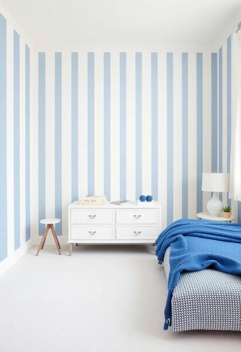Classic stripes: Opt for classic ⁢blue and ⁢white striped walls ⁣or wallpaper, paired ‍with furniture in solid whites, allowing for ‌a timeless and elegant look