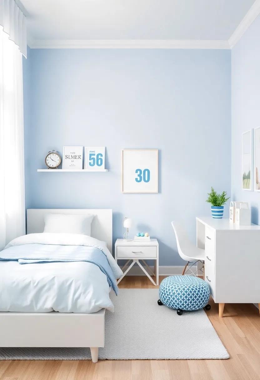 Minimalist style: Embrace ⁣minimalist ⁢aesthetics with a ⁤light blue palette, sleek white furniture, and simple decor, resulting in a calm and organized retreat