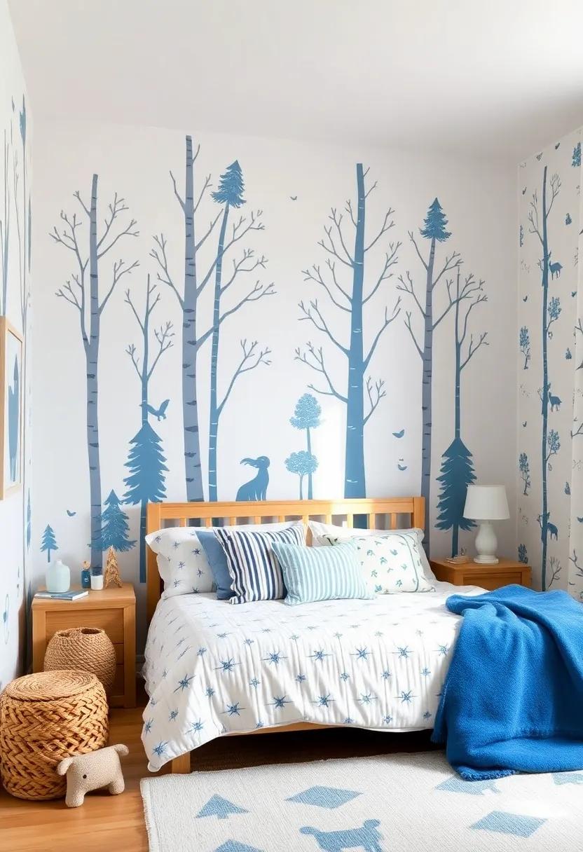 Woodland Whimsy: Design​ a‍ forest-inspired room in soft blue and white tones, featuring tree ⁢decals, animal motifs, and cozy textures that celebrate nature adventures