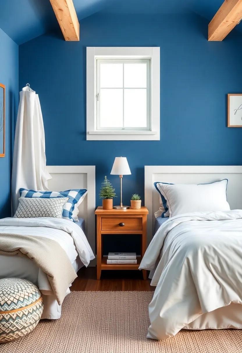 Cozy Cabin: Recreate a cozy cabin vibe using warm blue tones for walls and creamy ​whites for bedding​ and drapes, ​perfect‌ for ⁢chilly‌ adventures inside