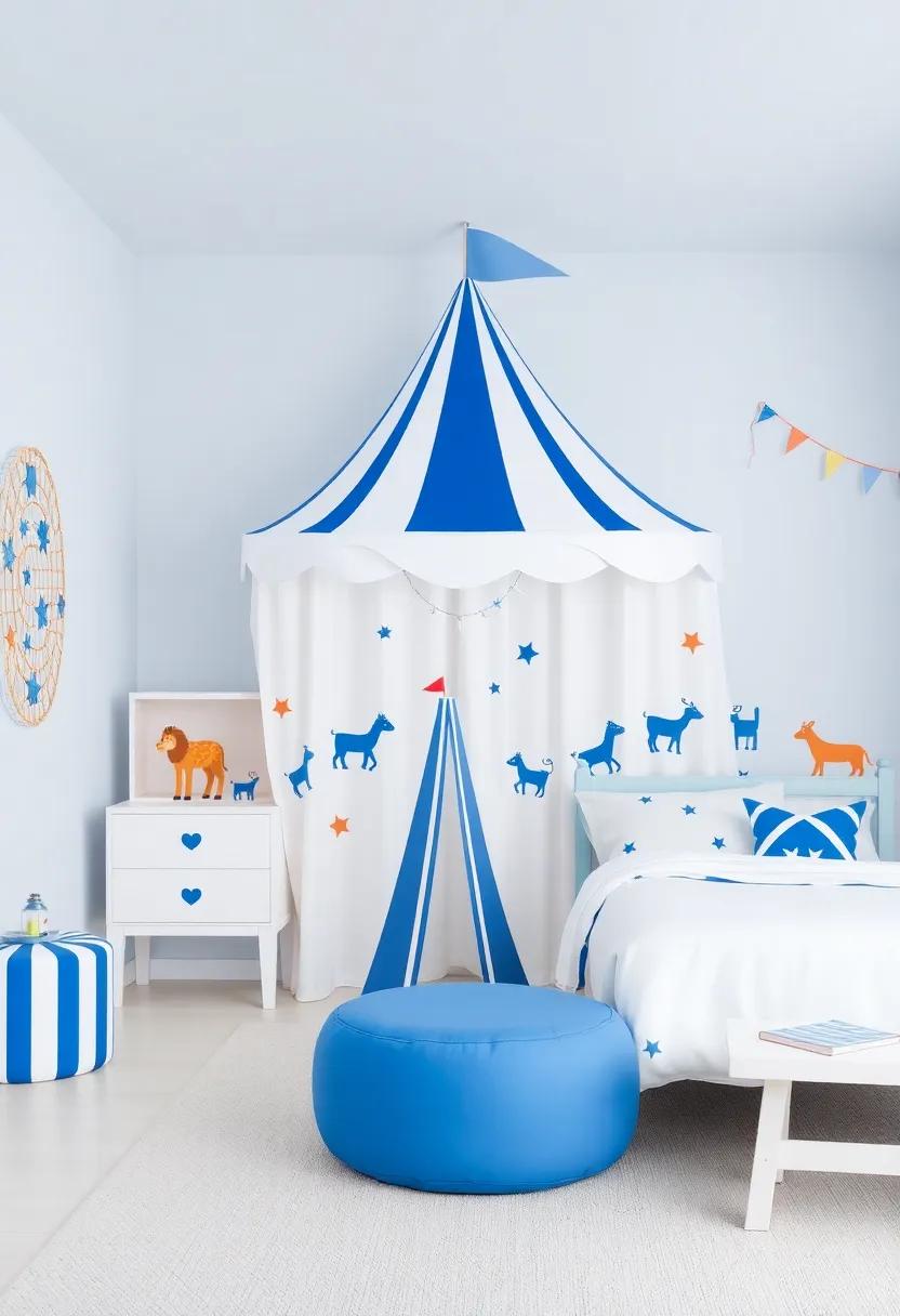 playful Circus:‌ integrate ‍a playful​ circus ⁤theme with blue and white⁤ tents and whimsical animals, adding ​fun decals to engage​ your child's imagination