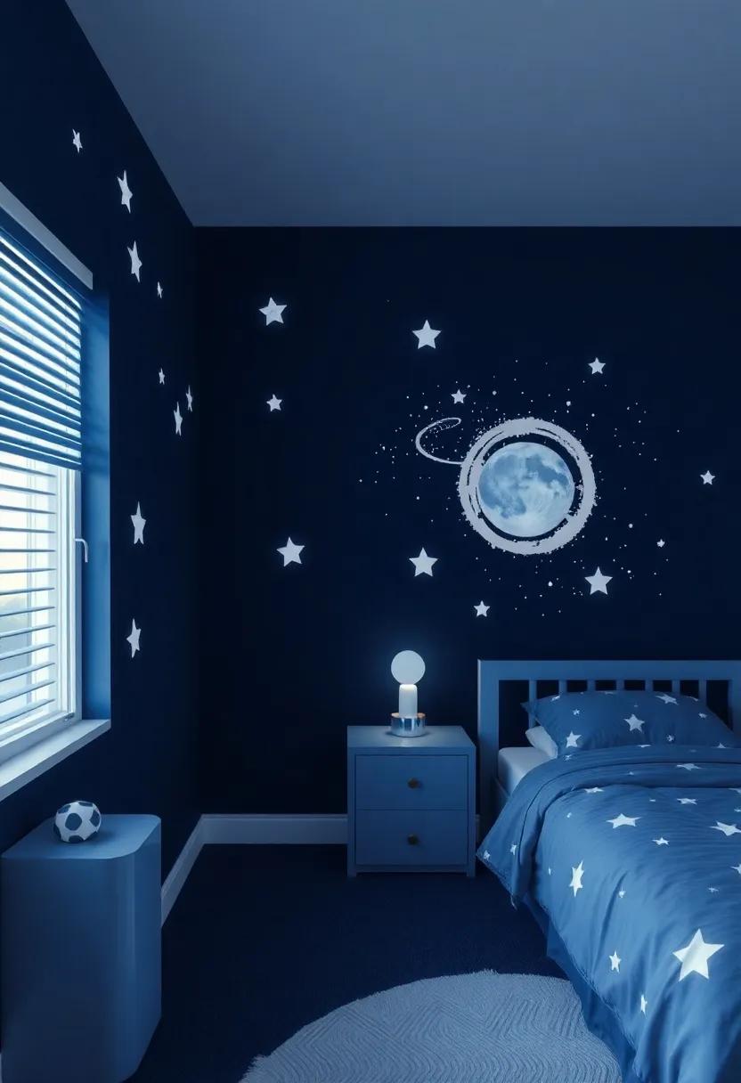 Space Explorer: Embrace⁤ a space theme with dark blue walls and white galaxy⁤ motifs,⁢ complemented‍ by glow-in-the-dark stars for a magical nighttime atmosphere