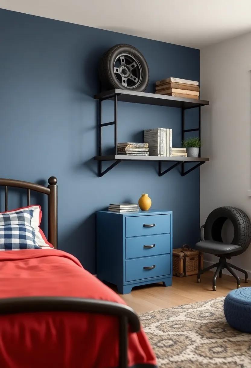 Utilizing Vintage Tires for Unique Shelving and Storage Solutions in ⁢a bedroom