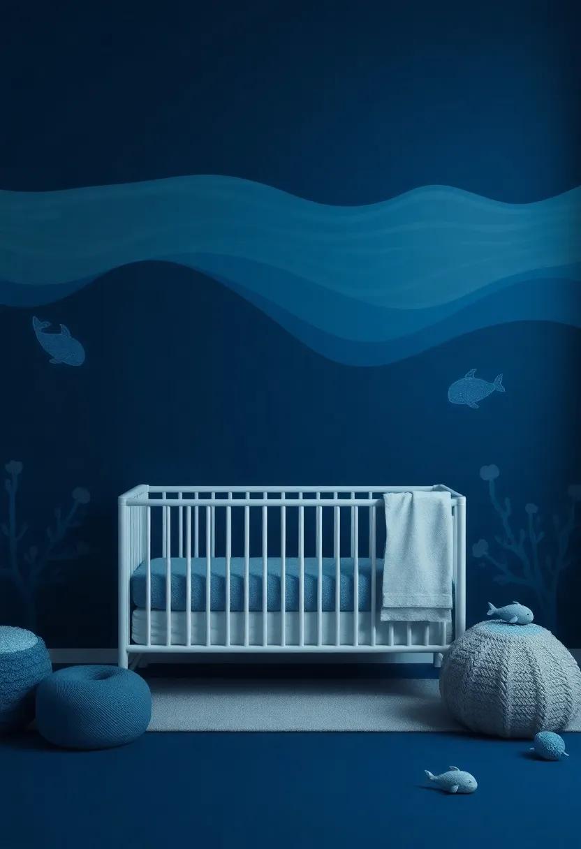 Ocean Depths: Infuse deep blue shades reminiscent of the sea, paired with aquatic-themed decor like whales and fish, to create a calming underwater oasis