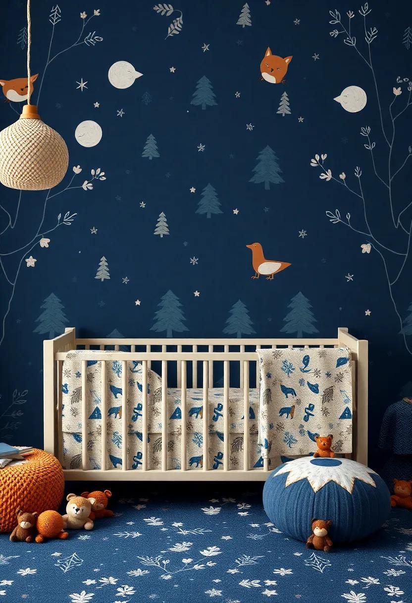 forest Friends: Decorate with plush dark blue forest animals and woodland patterns, offering a cozy, whimsical retreat