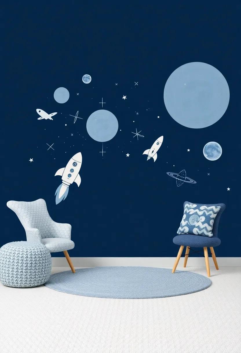 Galactic Dreams: Opt for a space-themed nursery with dark blue galaxy prints, rocket ships, and planets, perfect for igniting curiosity about the universe