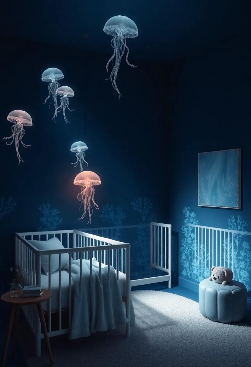 Underwater Fantasy: Incorporate elements like jellyfish lamps and coral-inspired art to craft an immersive underwater nursery experience