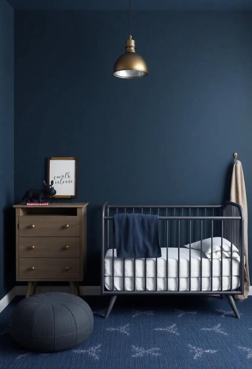 Industrial Chic: Integrate dark blue with metallic elements and industrial decor for a modern yet cozy nursery design that stands out