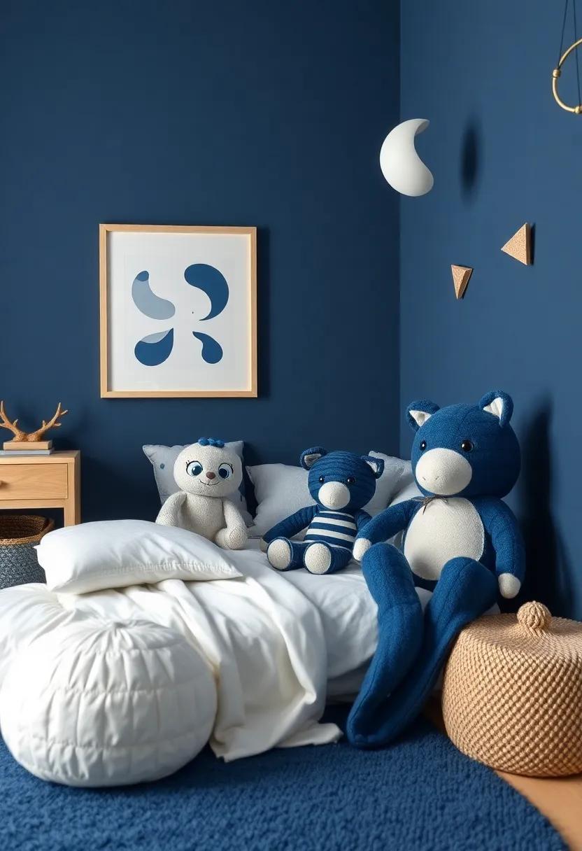 Whimsical Creatures: Fill the space with plush dark blue animals and whimsical characters that can become companions for little ones