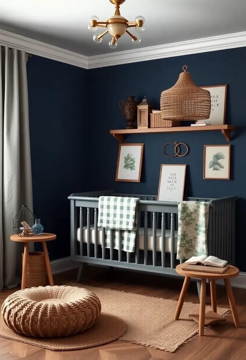 Vintage Charm: Choose classic dark blue patterns like stripes or polka dots, paired with antique furniture for a timeless nursery atmosphere