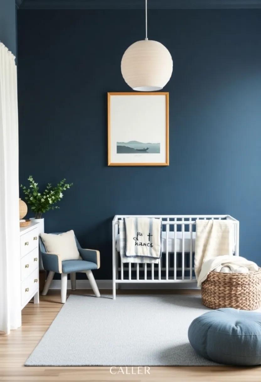 Cozy Lakeside: Blend dark blue tones with soft neutrals and blues, mimicking the peacefulness of a lake house retreat for your little one