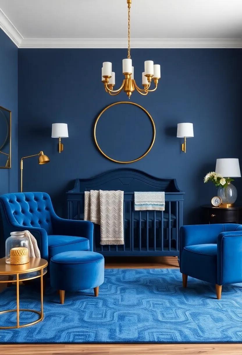 Royal Elegance: Infuse a touch of luxury with deep royal blue velvet accents, gold hardware, and elegant furniture pieces for a sophisticated nursery