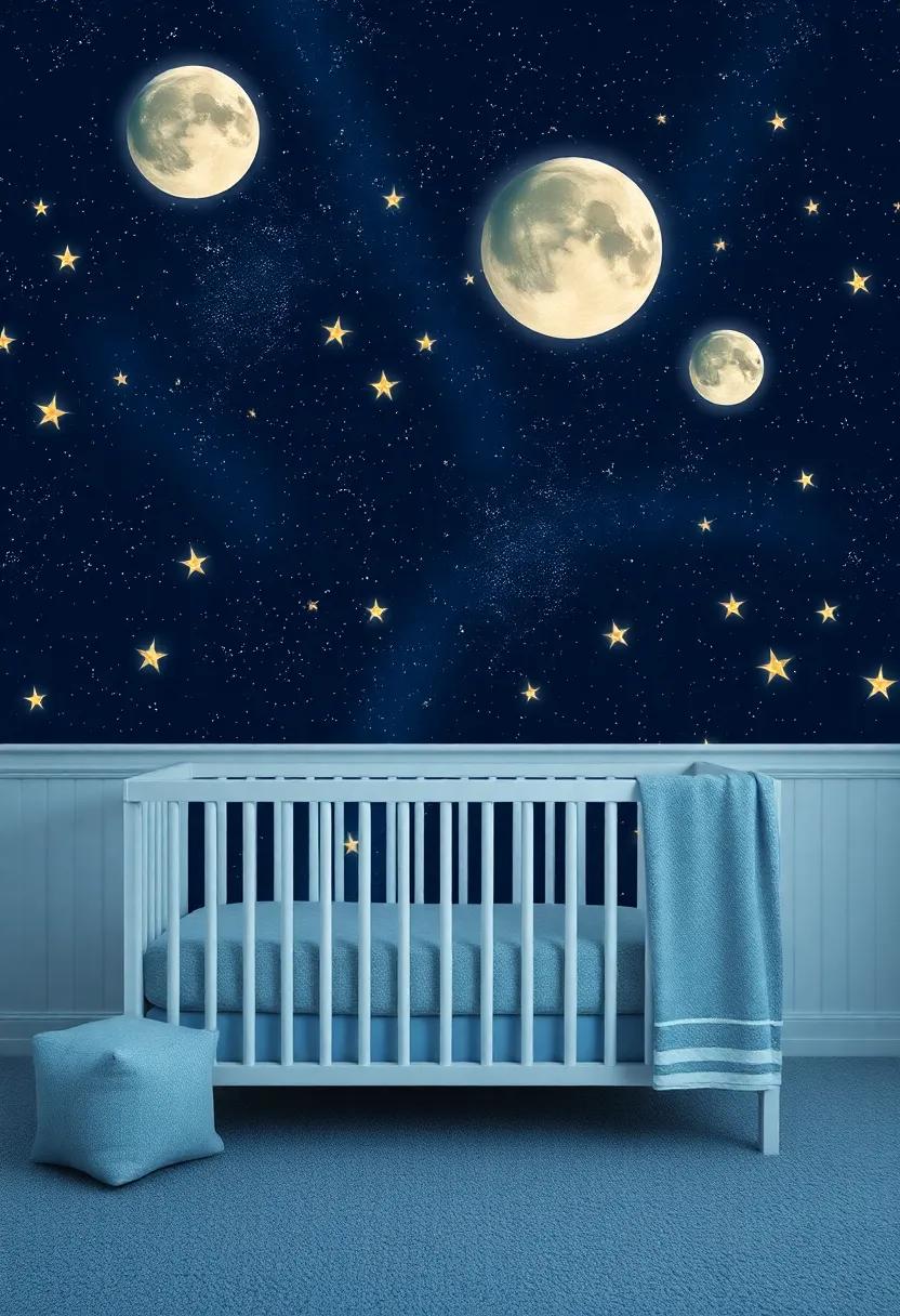 Starry Night Sky: Introduce a celestial vibe using glowing stars and moons on the walls and bedding, transforming the nursery into a magical night sky