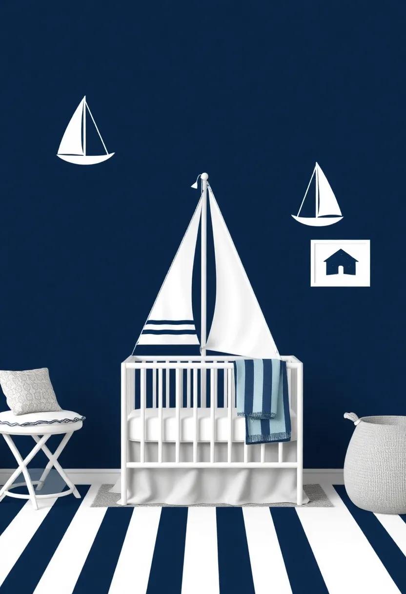 Sail Away: Design a nautical-inspired nursery with sailboat motifs, dark blue stripes, and white accents that evoke the spirit of adventure on the seas
