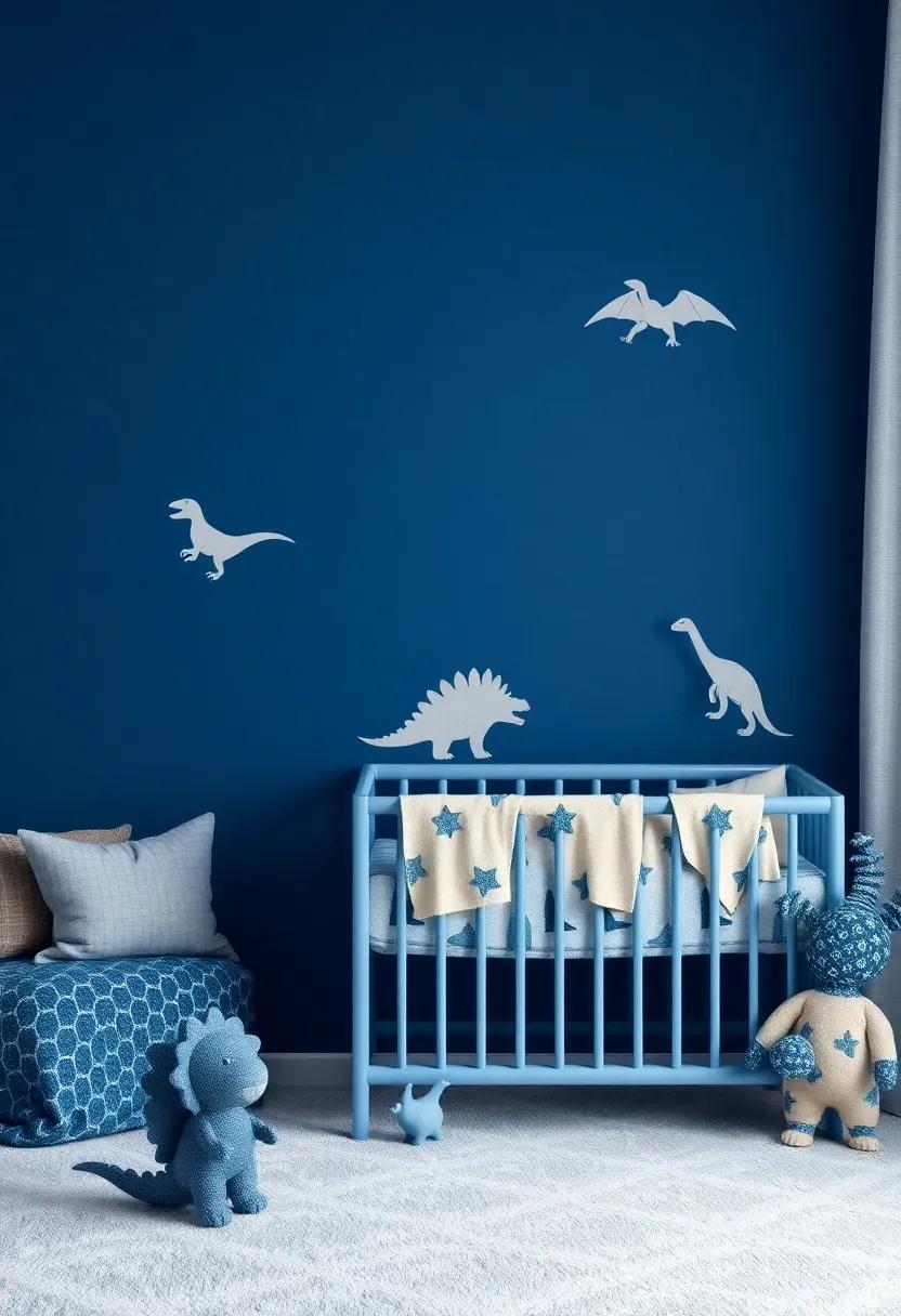 Playful Dinosaurs: Utilize dark blue as a backdrop for playful dinosaur prints and decor,sparking a love for science and adventure in a fun way