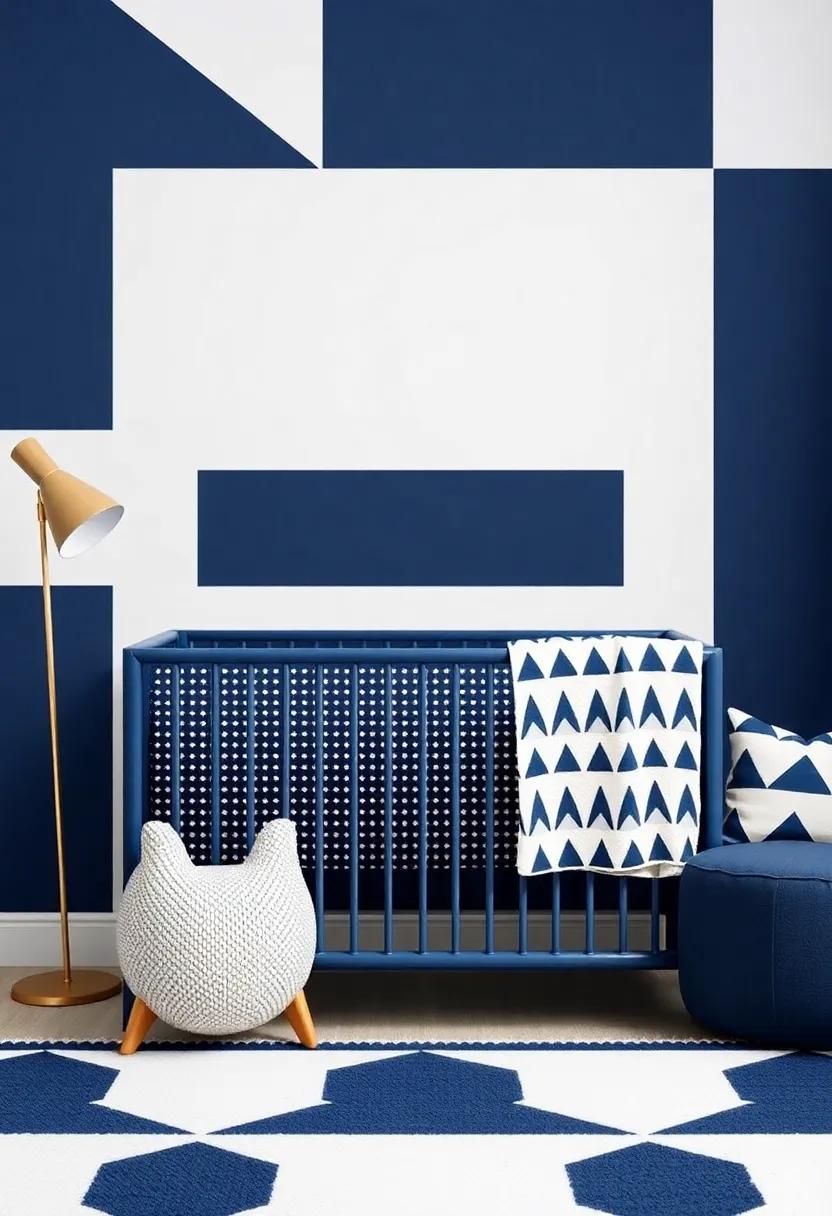 Playful Geometrics: Use patterned textiles in dark blue and white geometric shapes to lend a contemporary and playful touch to the nursery