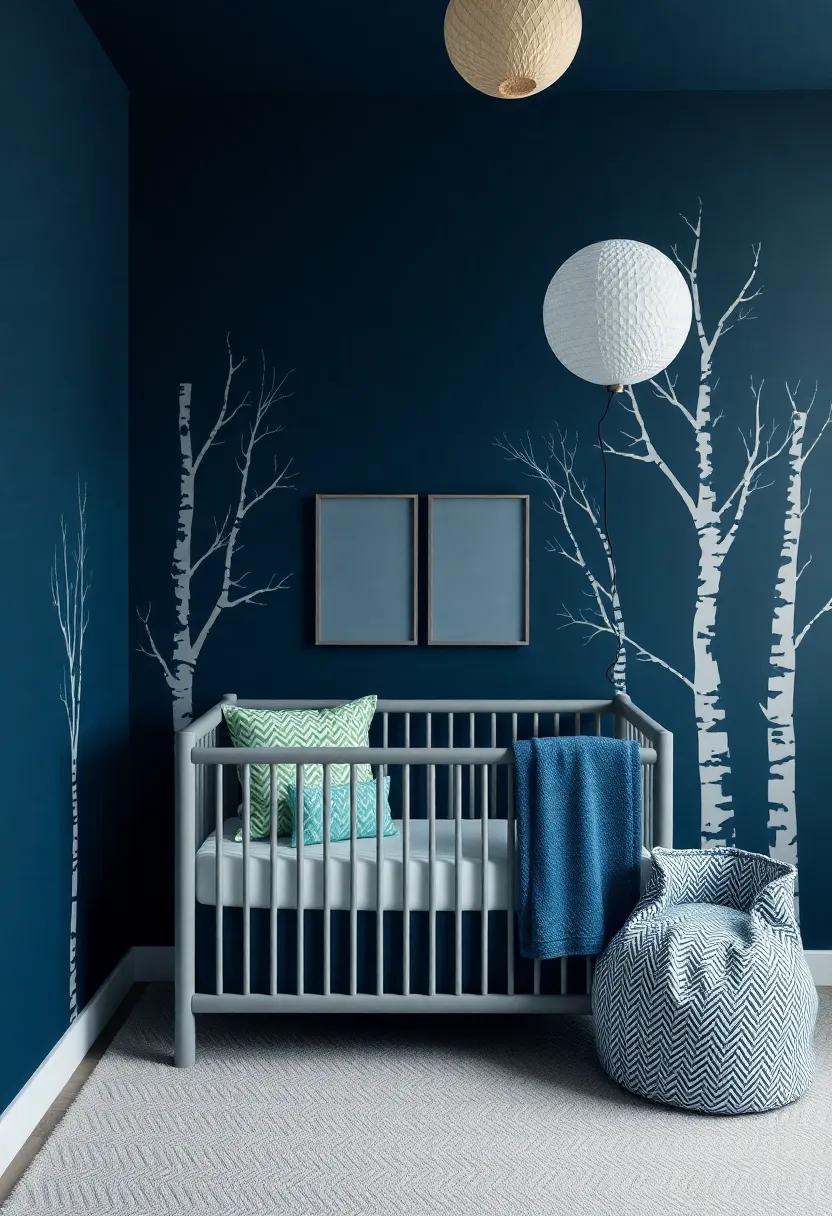 Deep Forest Hideaway: Incorporate dark blue walls combined with green accents and tree wall decals for a tranquil,forest-inspired retreat