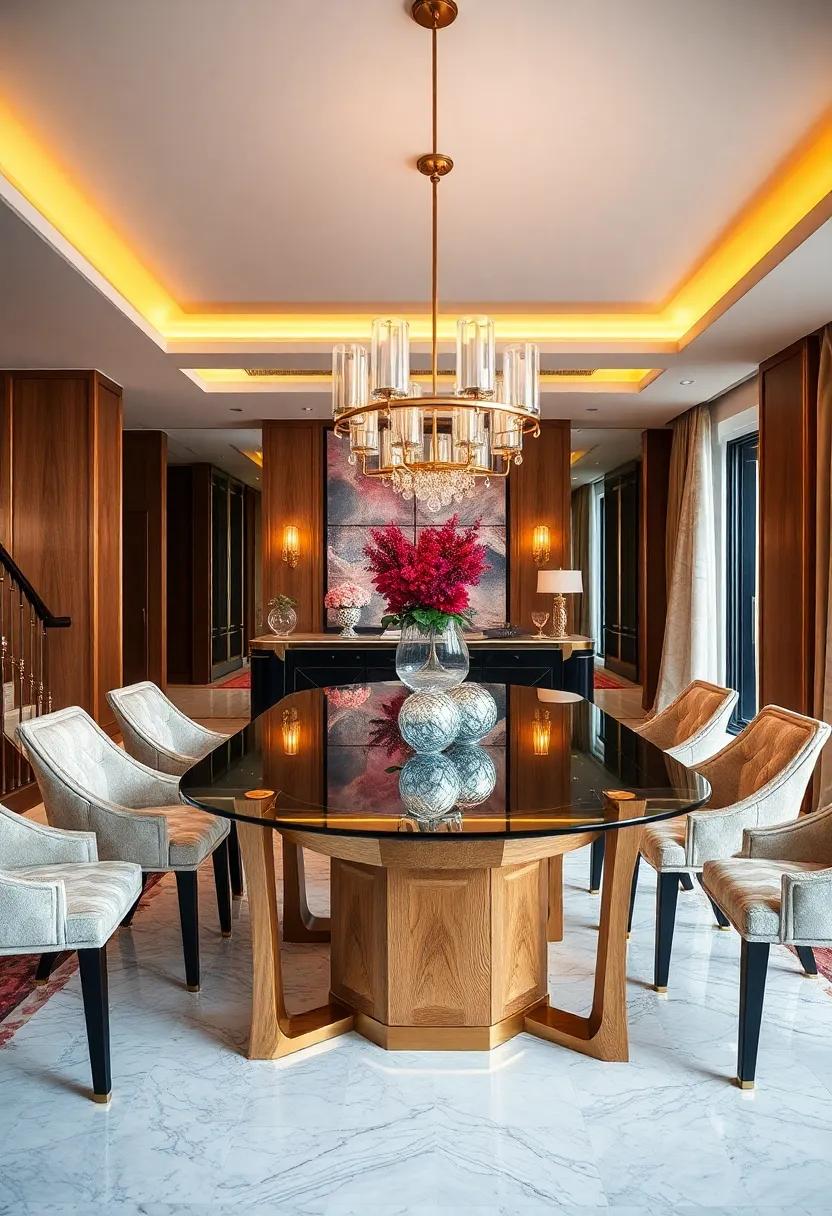 Luxurious Tabletops: Experience the opulence of glass‌ dining tables adorned with gold or silver accents, elevating your dining experience to one of refinement