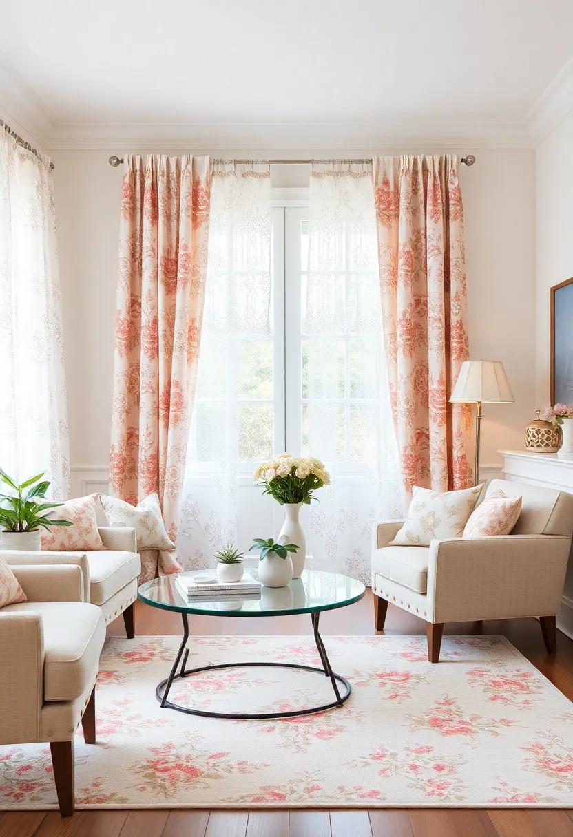 Subtle Floral Patterns: Incorporate⁤ soft floral patterns through accent pillows or a area ​rug to complement the lace curtains, reinforcing the⁢ romantic vibe of the space