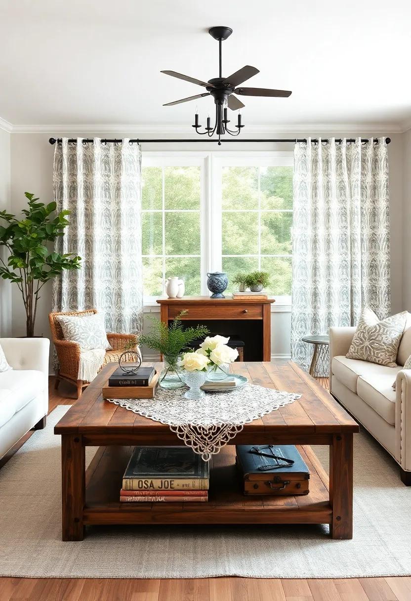 Farmhouse Coffee Table: A rustic coffee table serves ⁣as a focal point of the living room,‍ grounding the ‌space while providing a perfect area to showcase lace accents