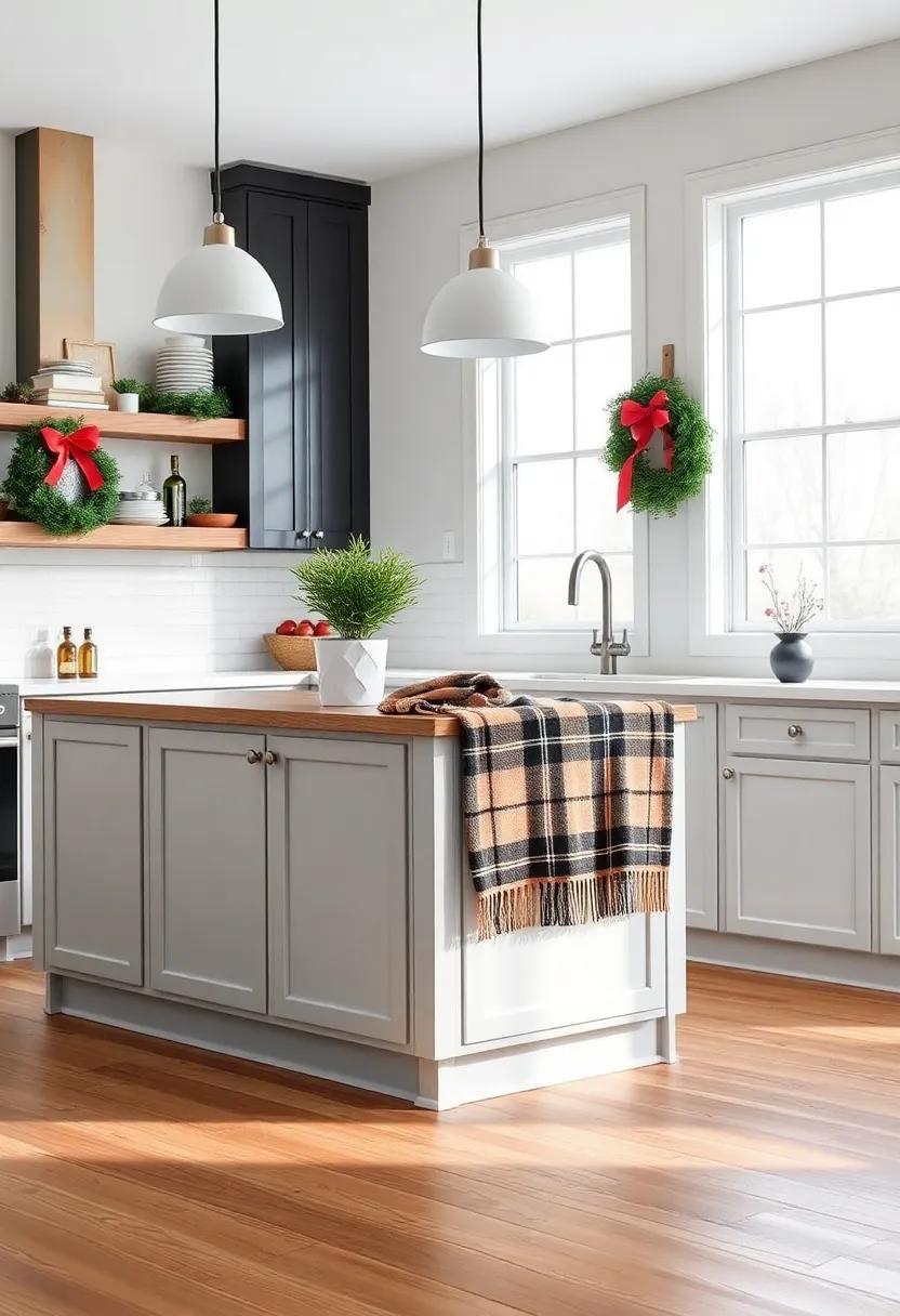 drape a cozy plaid throw over one corner of the kitchen island to create an inviting and warm atmosphere perfect for holiday gatherings