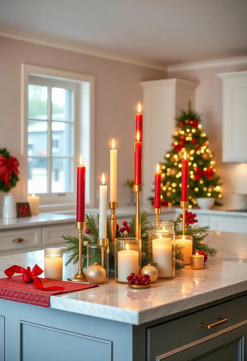 Create a stunning candle arrangement featuring various heights, using festive‌ colors like red, green, ‌and gold ​to illuminate your ​kitchen with a warm glow