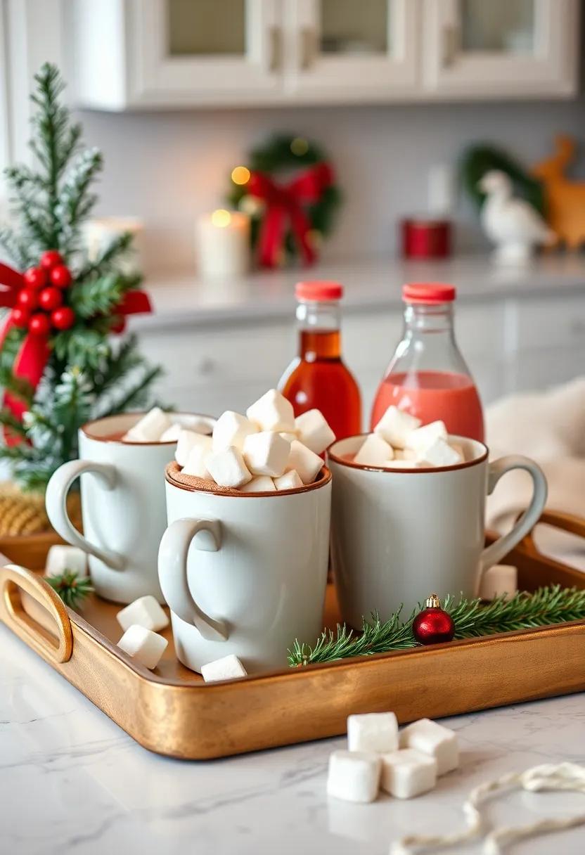 Craft ⁣a charming hot cocoa station complete with⁣ festive​ mugs, marshmallows, ‌and flavored syrups, all neatly displayed on a⁤ decorative tray