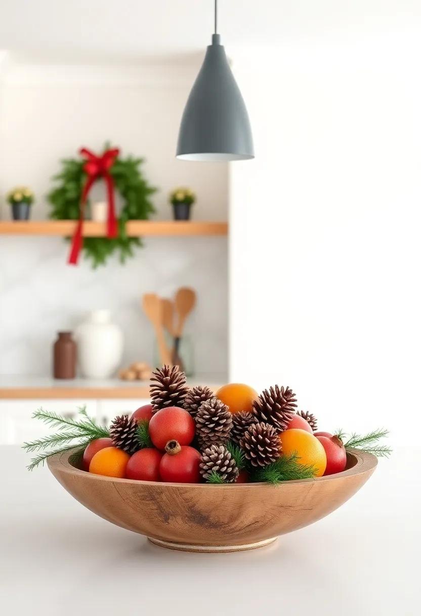 Use a large, rustic wooden bowl filled with seasonal fruits like‌ pomegranates and oranges,⁢ topped with pinecones ⁣for‍ a ​natural ​holiday touch