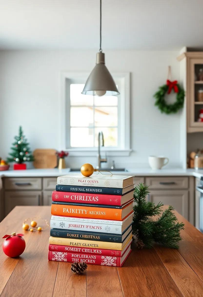 Showcase a collection of holiday-themed cookbooks stacked neatly on one end of the kitchen island,⁣ inviting family and friends to gather ⁤for ⁣festive⁤ baking sessions