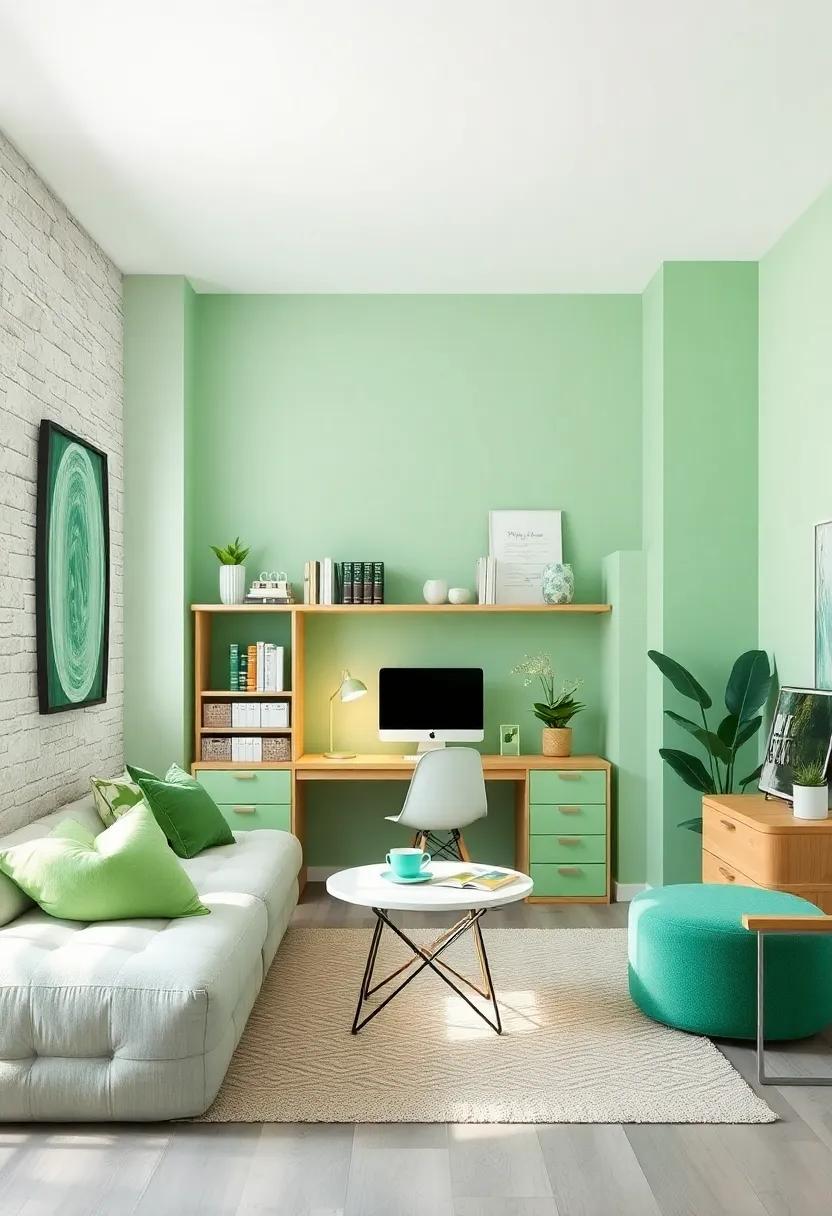 Chic Workspace: Design an organized study zone with‍ light green accents, making it an inviting space for homework and‍ creativity