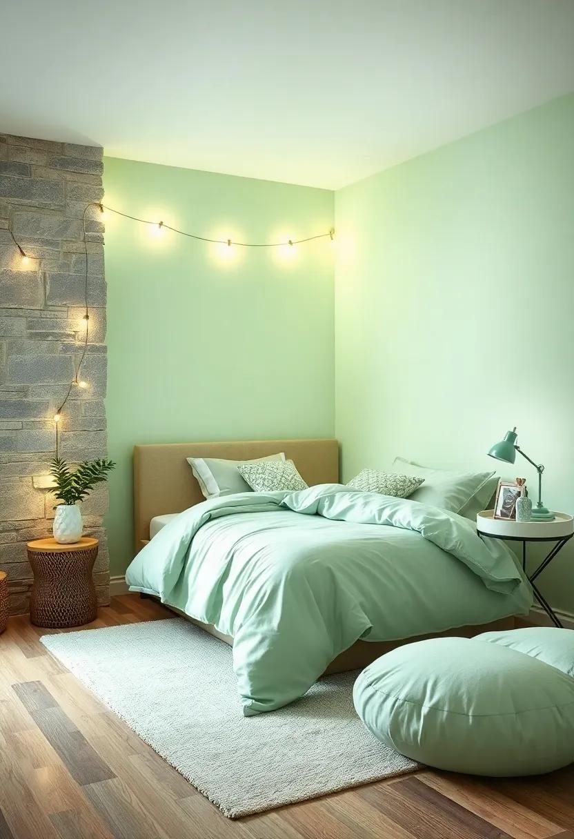 sweet Dreams: Create a​ dreamy‌ bedroom atmosphere with light green bedding and fairy lights, setting the scene for ​restful nights