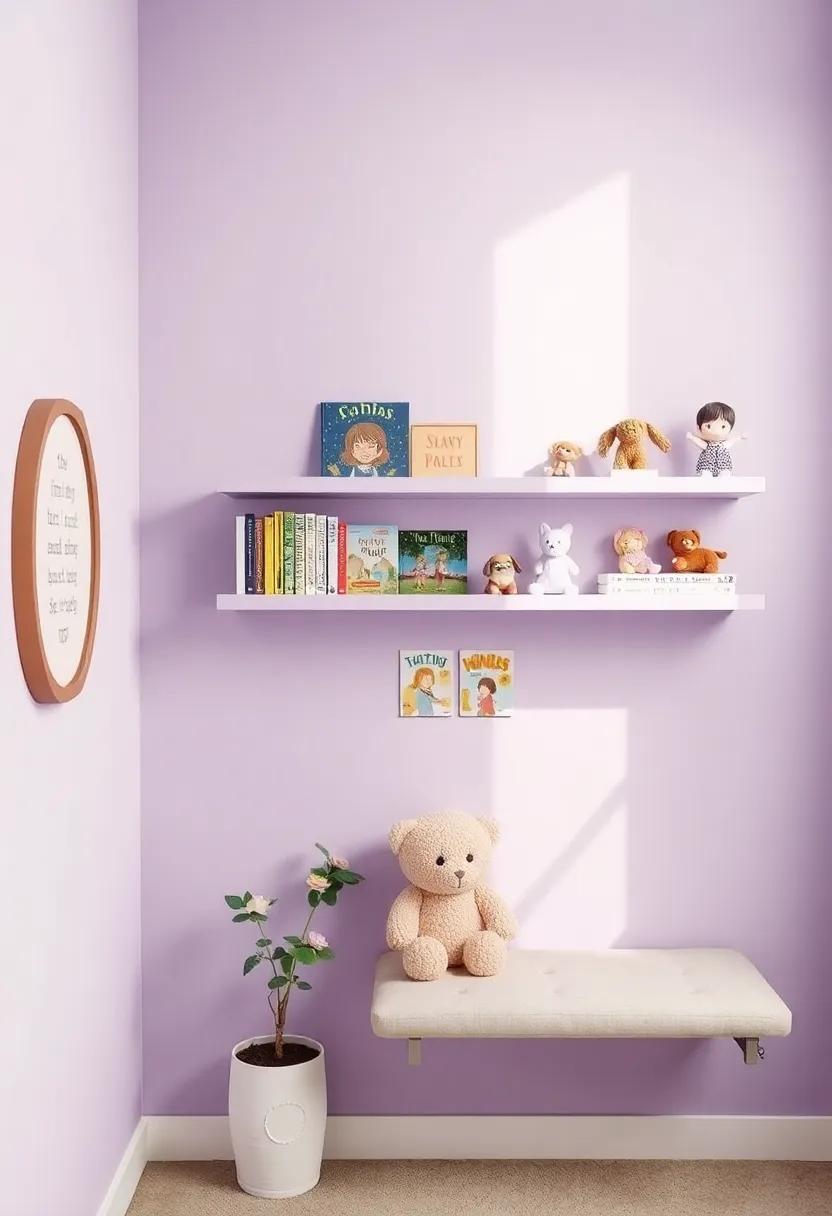 Floating Shelves ⁣of Wonder: Install lilac-hued floating shelves‍ to display storybooks and cherished toys, creating ​an​ inviting reading⁣ nook
