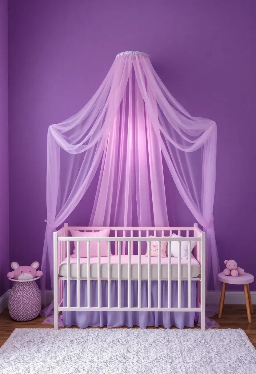 Lavender‌ Dream ⁤Canopy: Add‍ a sheer lilac canopy over the​ crib to create a⁣ magical​ cocoon that ‌invites‍ sweet dreams ⁢and endless ⁣imagination