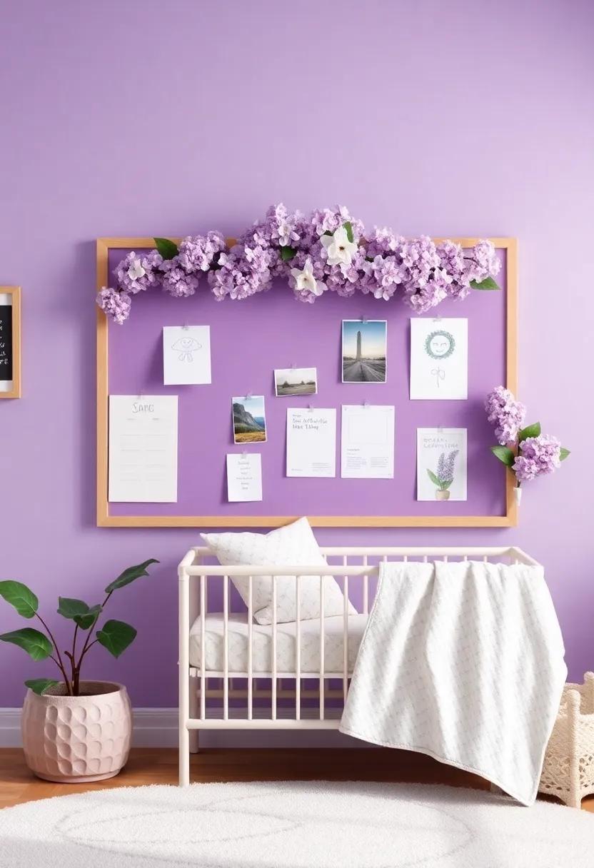 Lilac memory Board: Create a⁢ bulletin board in varying shades of violet where⁤ you can pin up⁢ baby milestones, drawings, and photographs