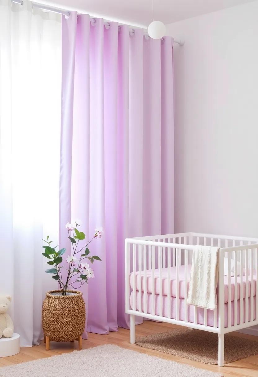 Soft Curtains: Hang⁣ light, ​airy lilac curtains to filter natural⁣ light while adding a​ dreamy‌ touch to the nursery atmosphere