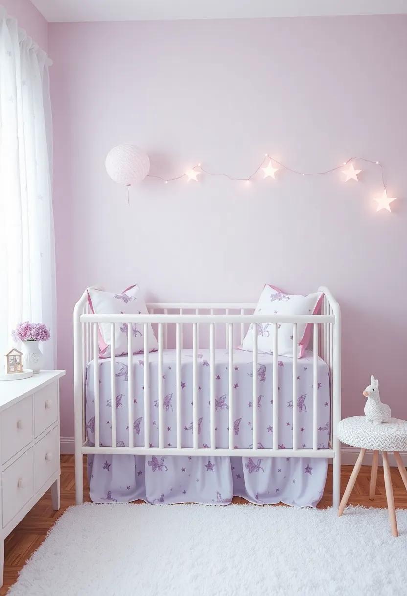 sweet​ Lilac Bedding:⁤ Dress the crib in lilac bedding adorned with enchanting ⁤prints of fairytales, ⁤stars, ⁢and mythical creatures
