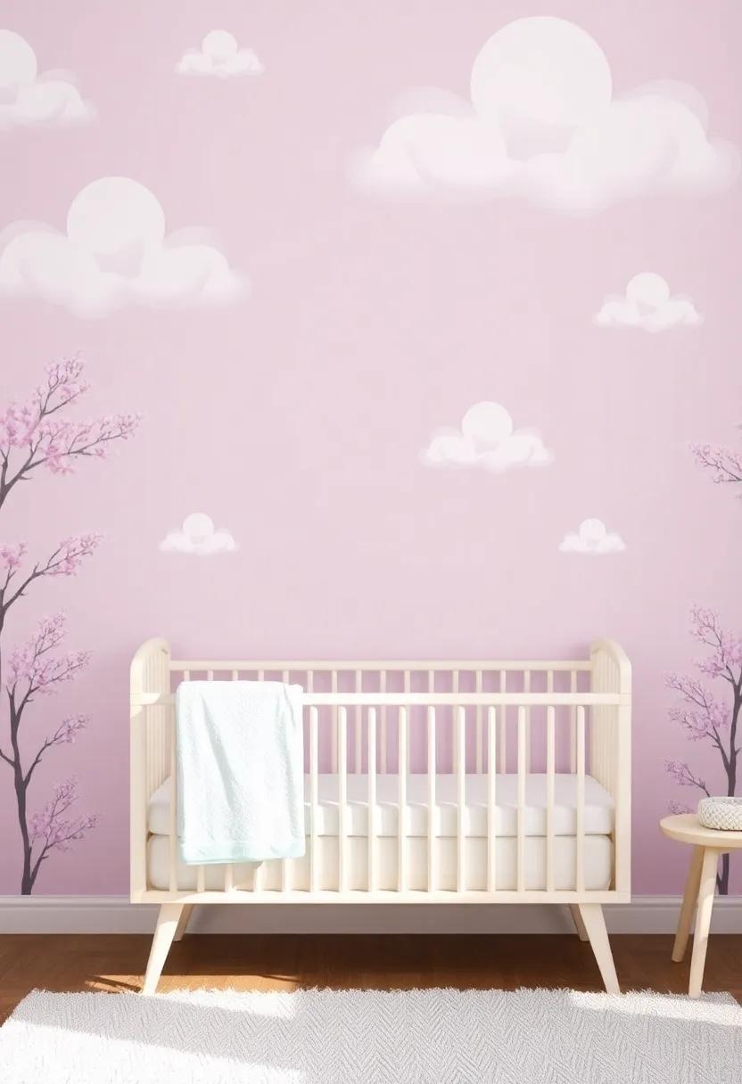 Whimsical Wall​ Murals: Transform the ⁣nursery with enchanting lilac-themed murals featuring dreamy clouds and playful animals​ to spark creativity