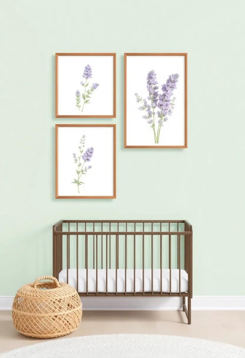 Whimsical⁣ Wall Art:‌ Hang framed botanical prints or artistic representations of mint and lavender to celebrate the nursery’s color theme