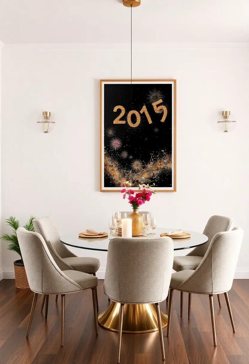 artistic Wall Decor: Adorn your walls with framed glitter art or festive New Year’s themed prints to enhance the room's festive allure