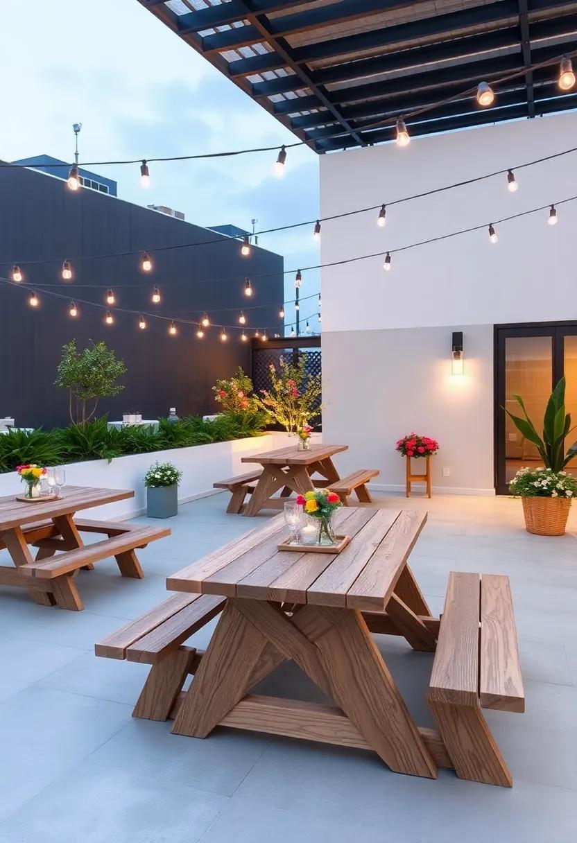 Garden ⁢Party: A⁢ rooftop ⁢setup featuring picnic tables, hanging ​string lights, and ‌floral arrangements for ⁢a festive yet⁢ laid-back dining experience