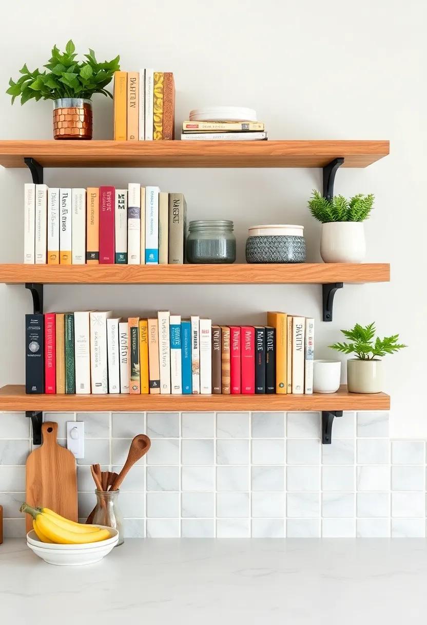 Arrange your cookbooks artfully on shelves, blending functionality with personal expression in your kitchen