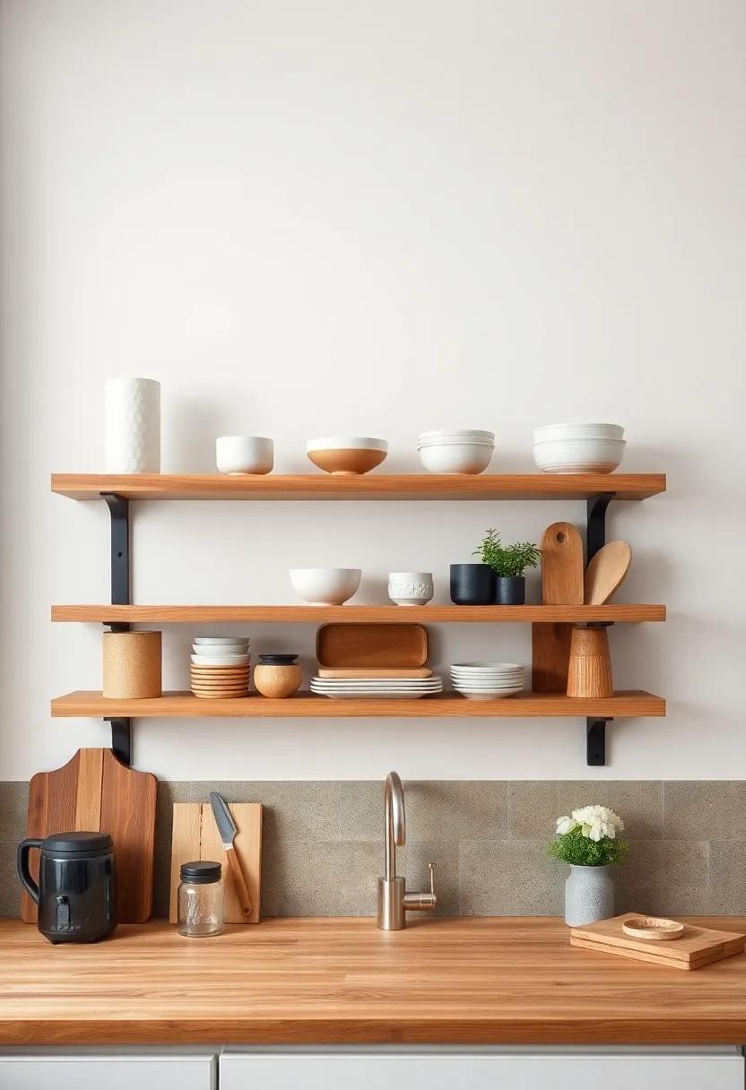 Create a ⁢contrast by ‌pairing rustic wooden shelves ‍with sleek, modern kitchen ‌accessories to bridge ⁢styles